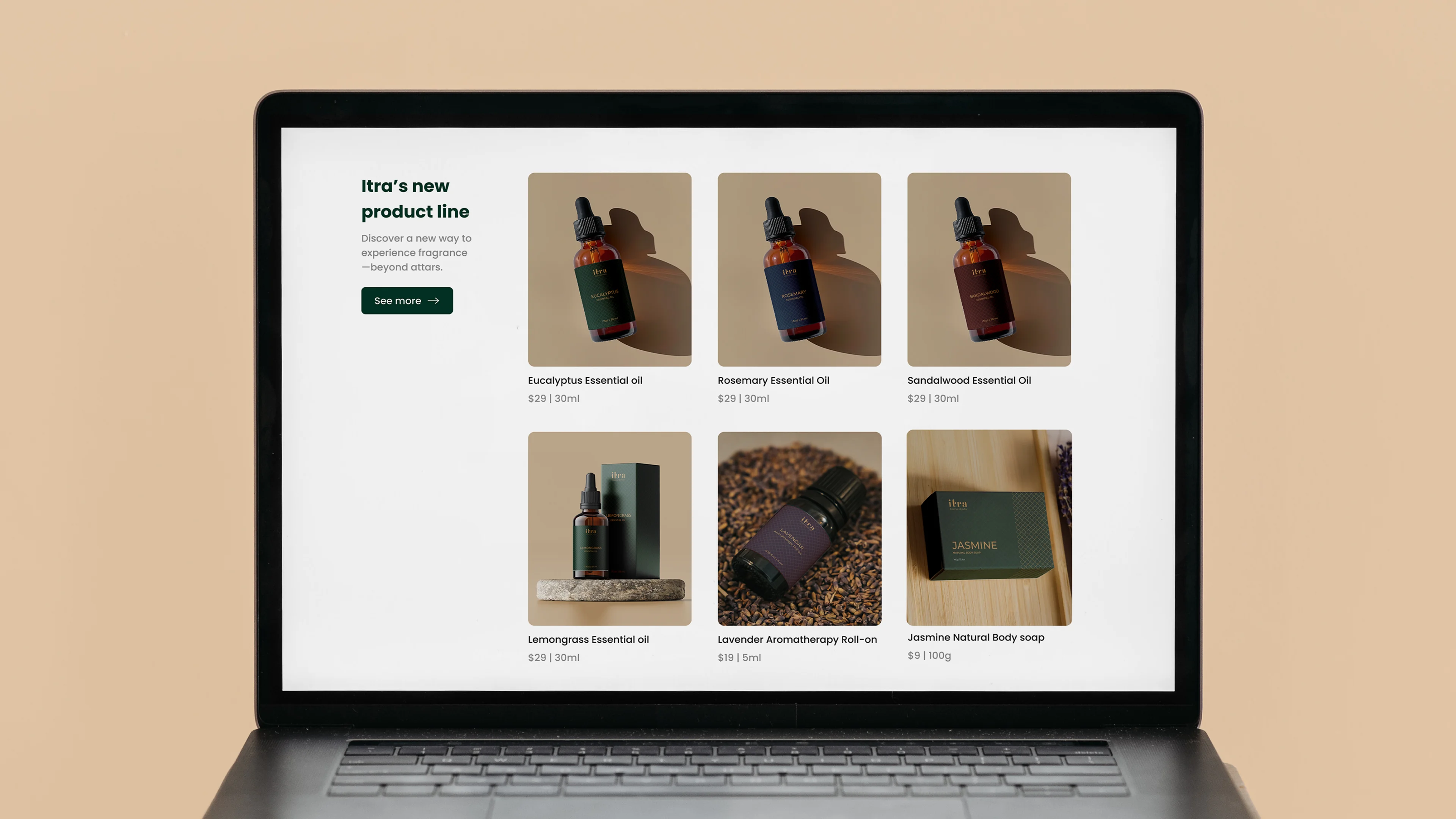 Itra website product grid on a MacBook screen showing six products with prices in USD