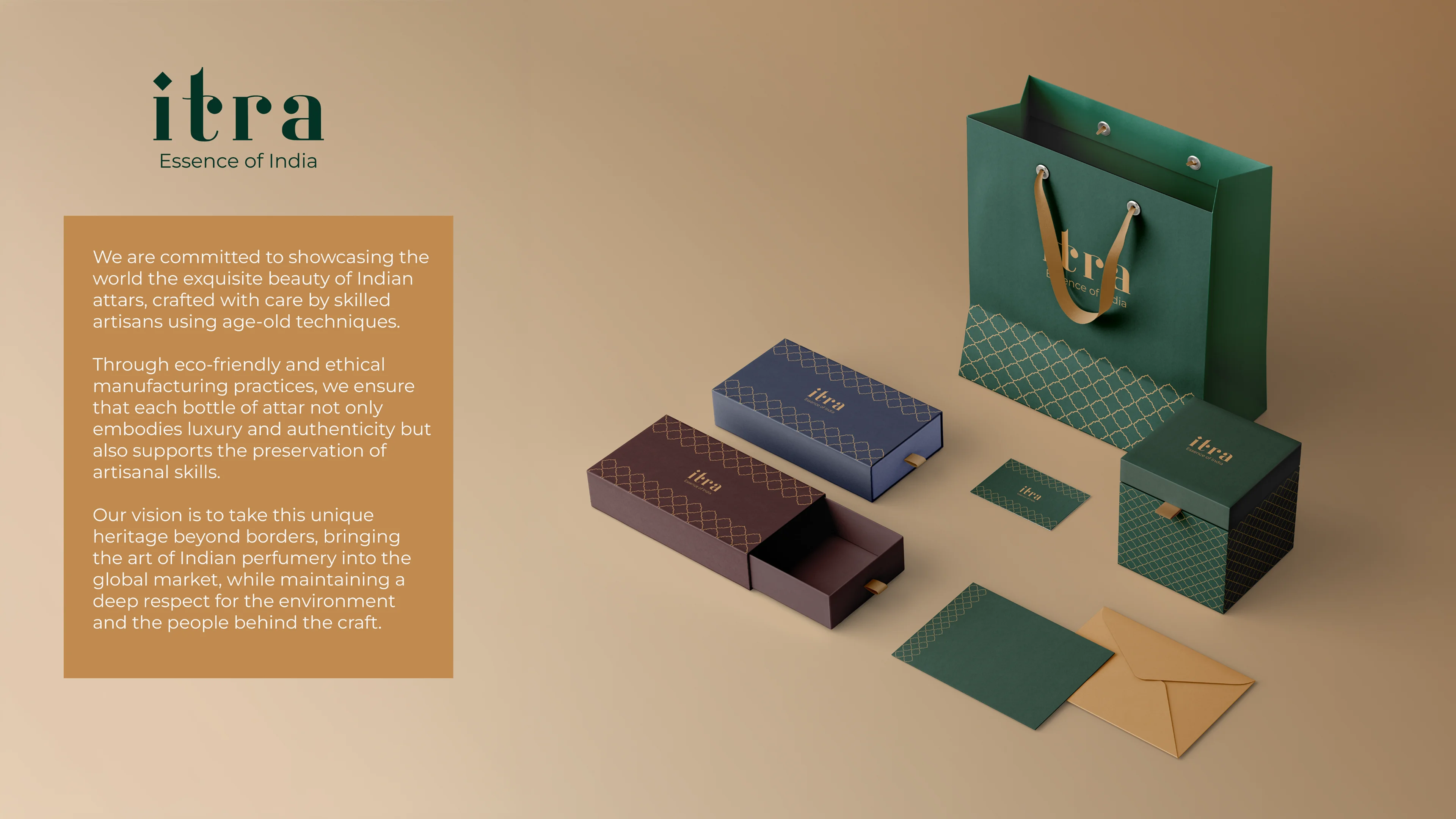 Itra packaging spread on sand background showing green shopping bag, navy and maroon drawer boxes, gift card, forest green gift box, and kraft envelope