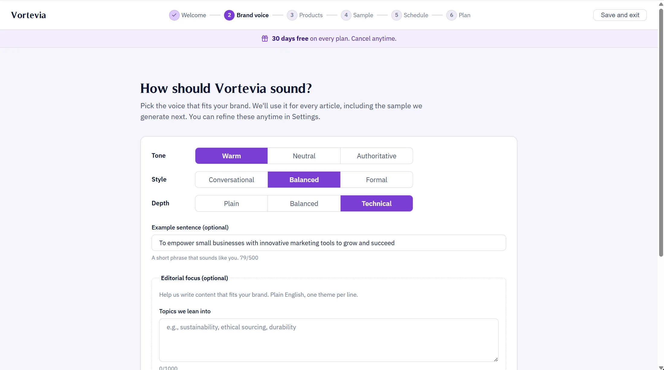 Vortevia brand voice configuration showing segmented controls for tone, style, and technical depth