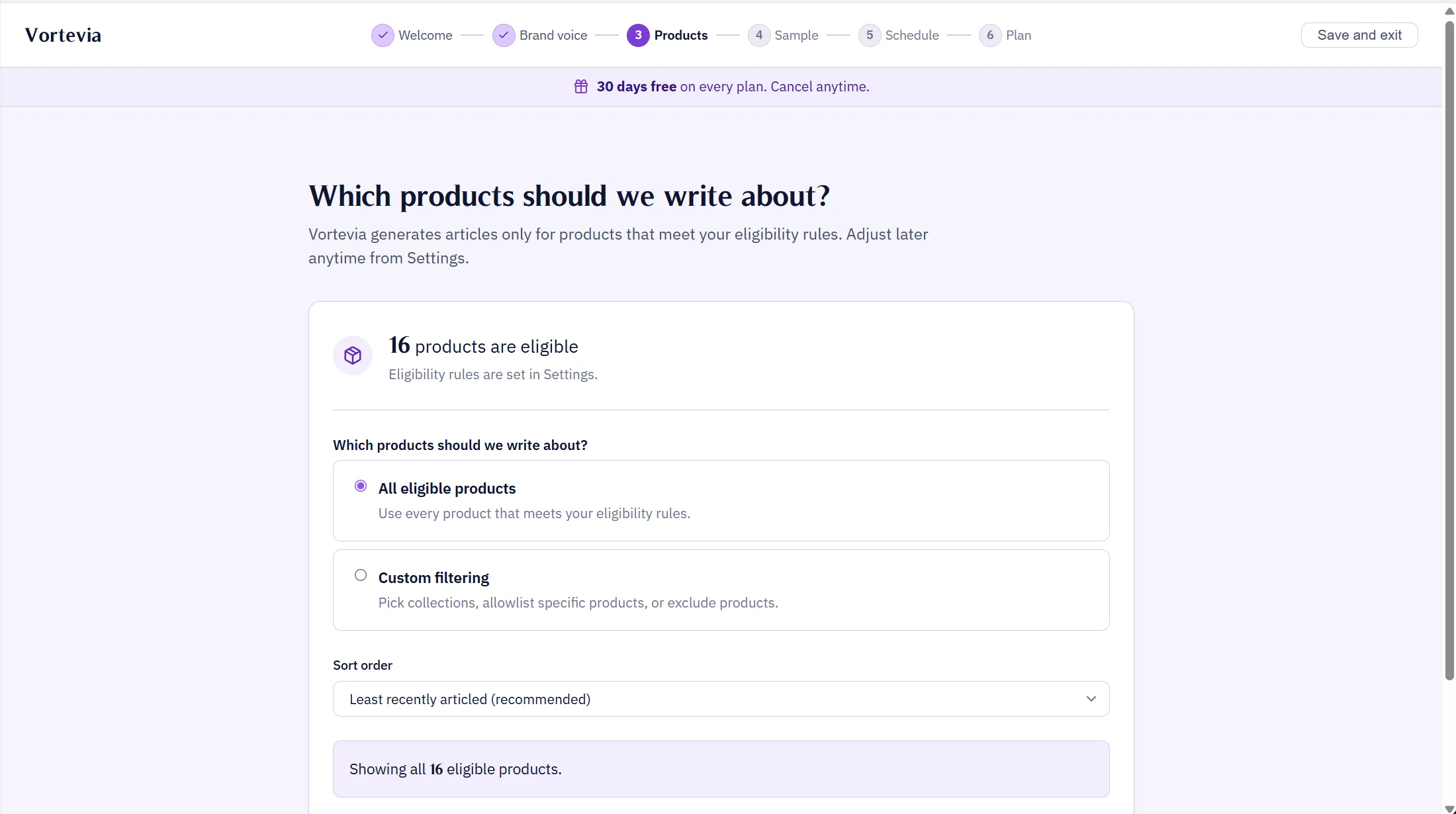 Catalog sync screen displaying 16 eligible products and collection filtering options