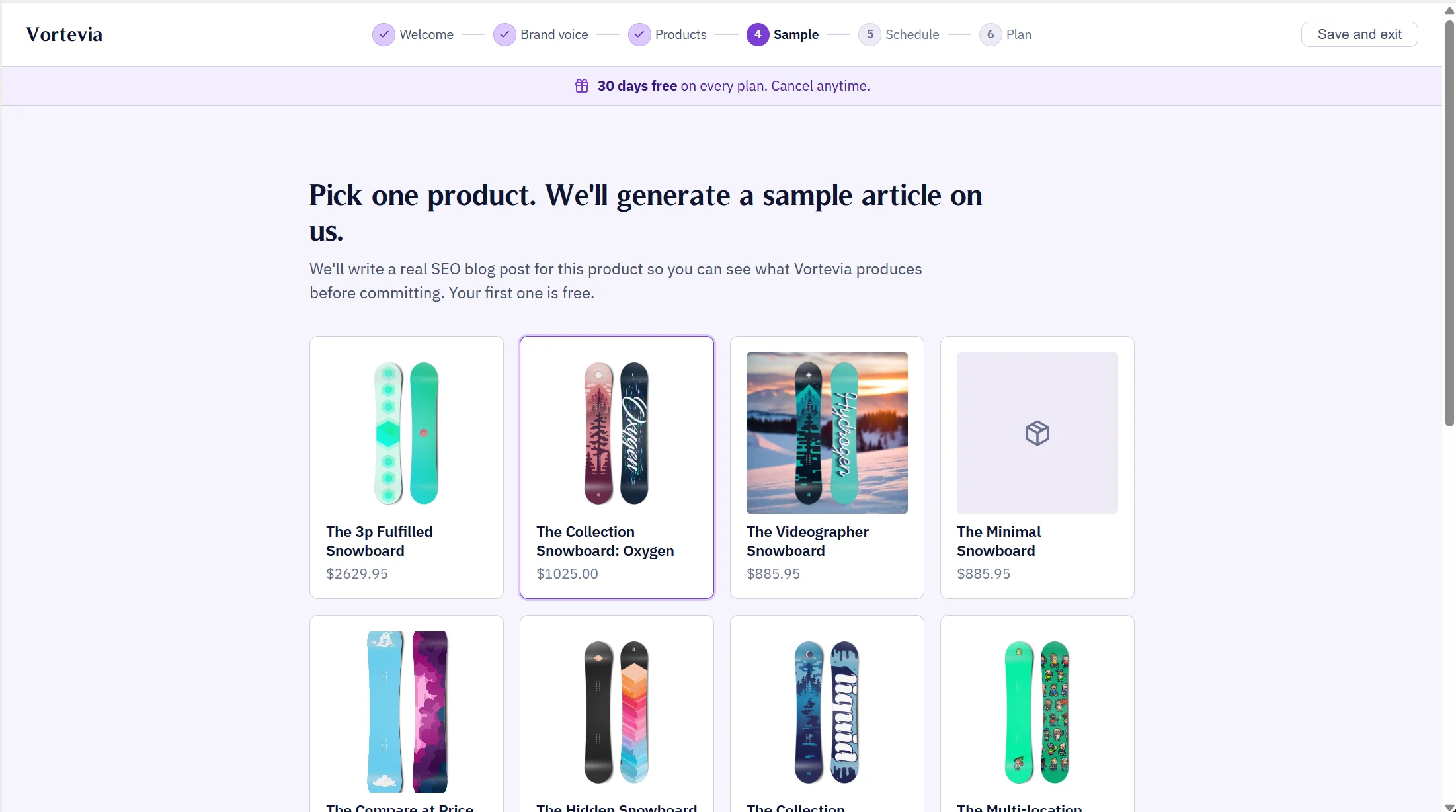 Interactive product selector showing real store inventory cards for sample article generation