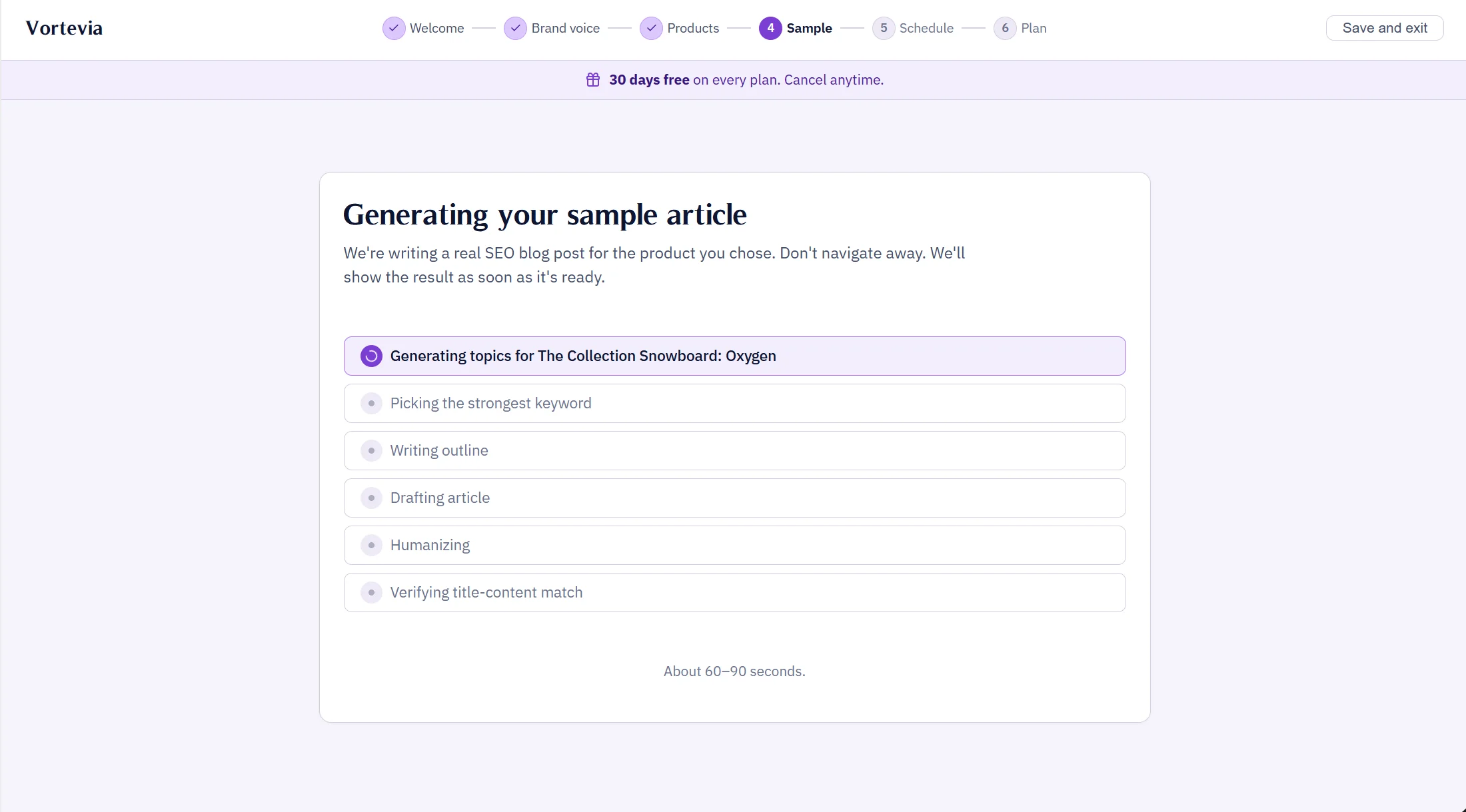 Live generation monitor showing real-time progress through topic discovery and keyword research