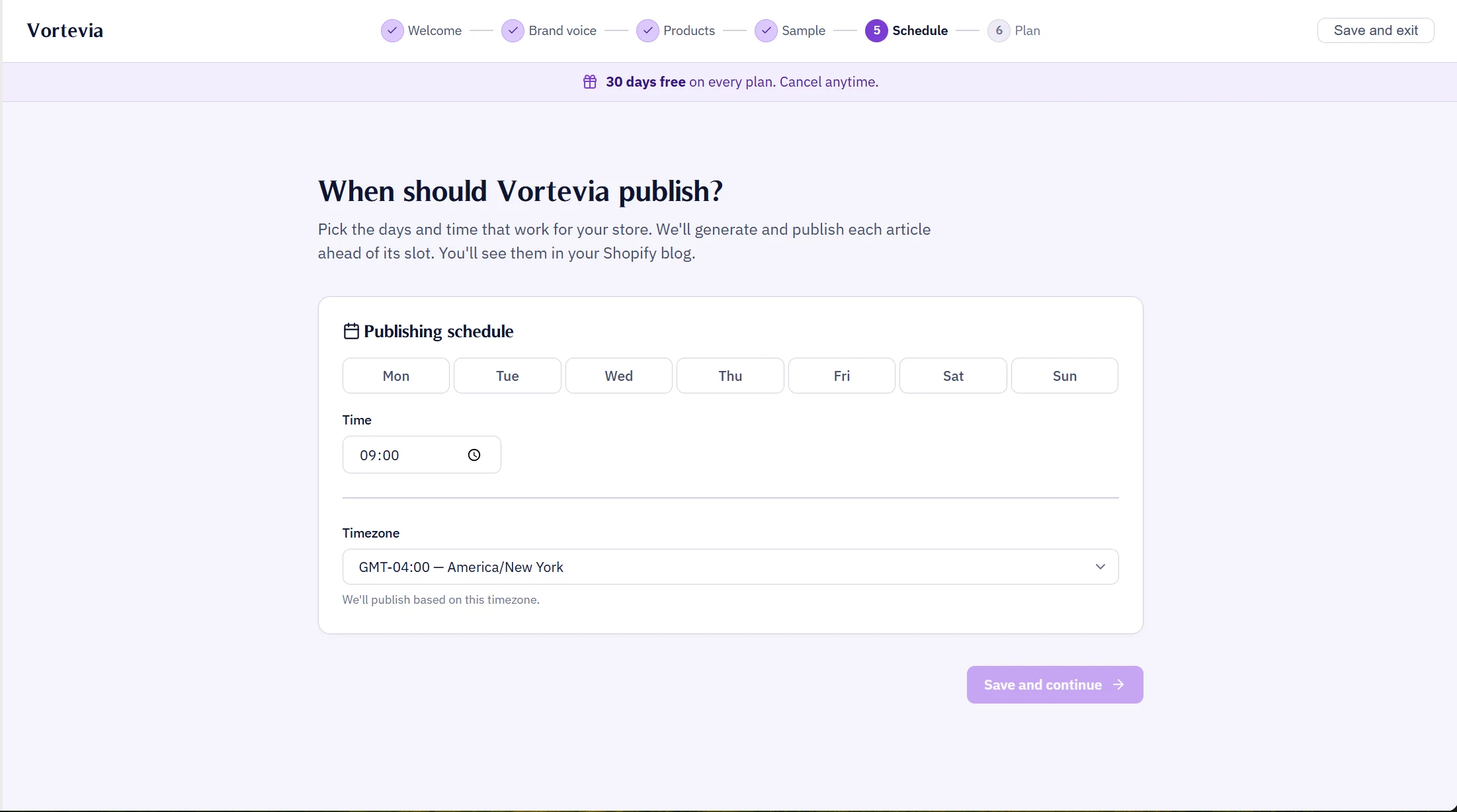 Publishing schedule settings with day-of-week checkboxes and time preferences