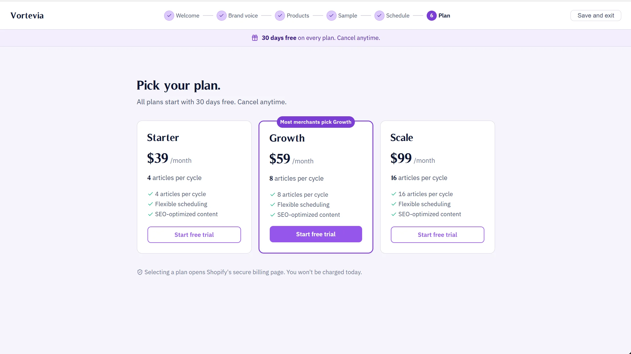 Vortevia subscription tier selection showing Starter, Growth, and Scale plans with 30-day free trial