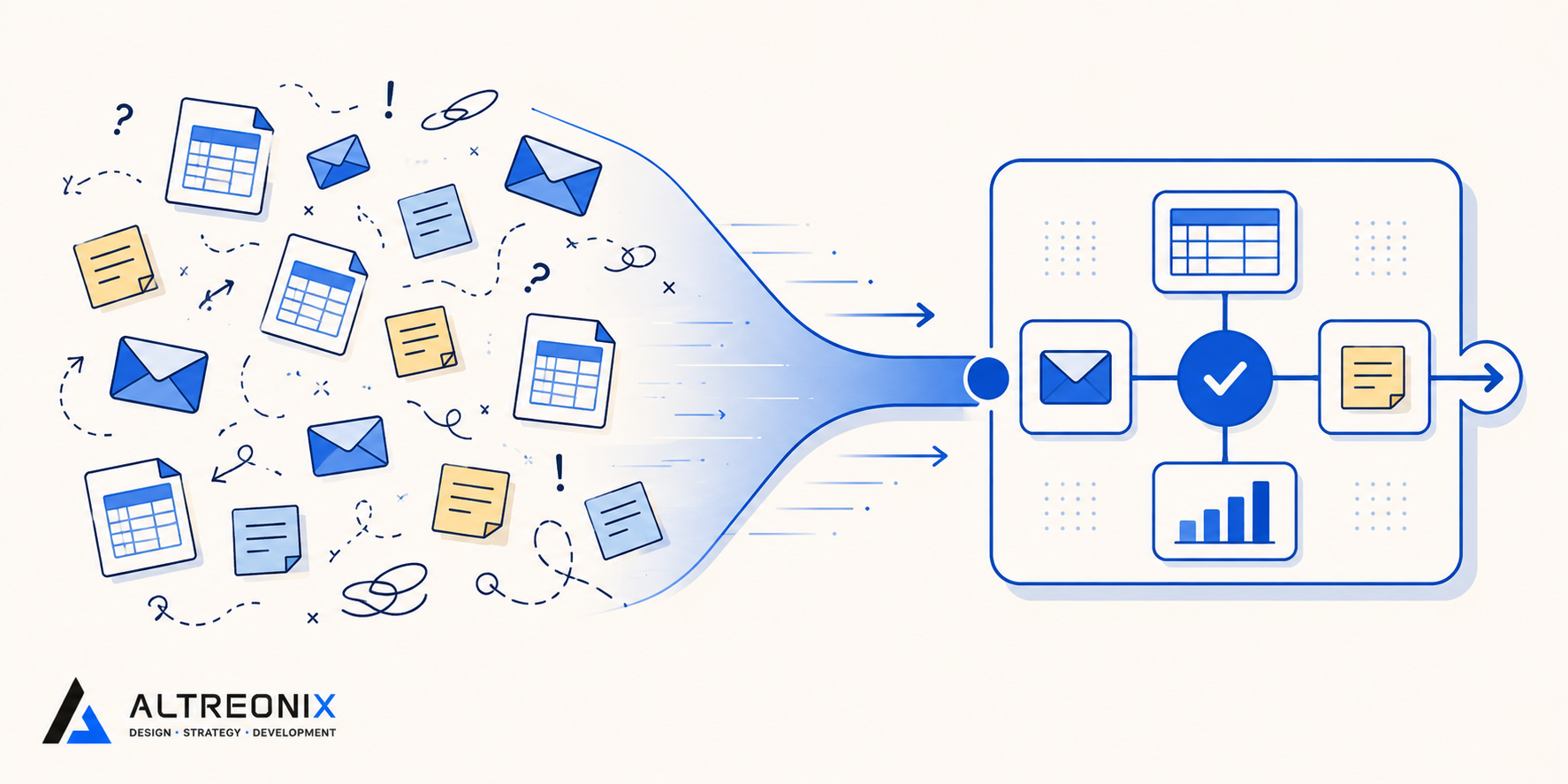 Illustration of a business transitioning from scattered spreadsheets and email threads into one unified operations system