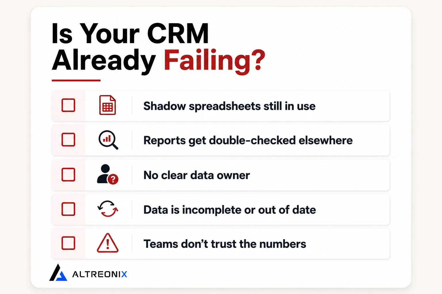 Infographic checklist of early warning signs that a CRM implementation is starting to fail