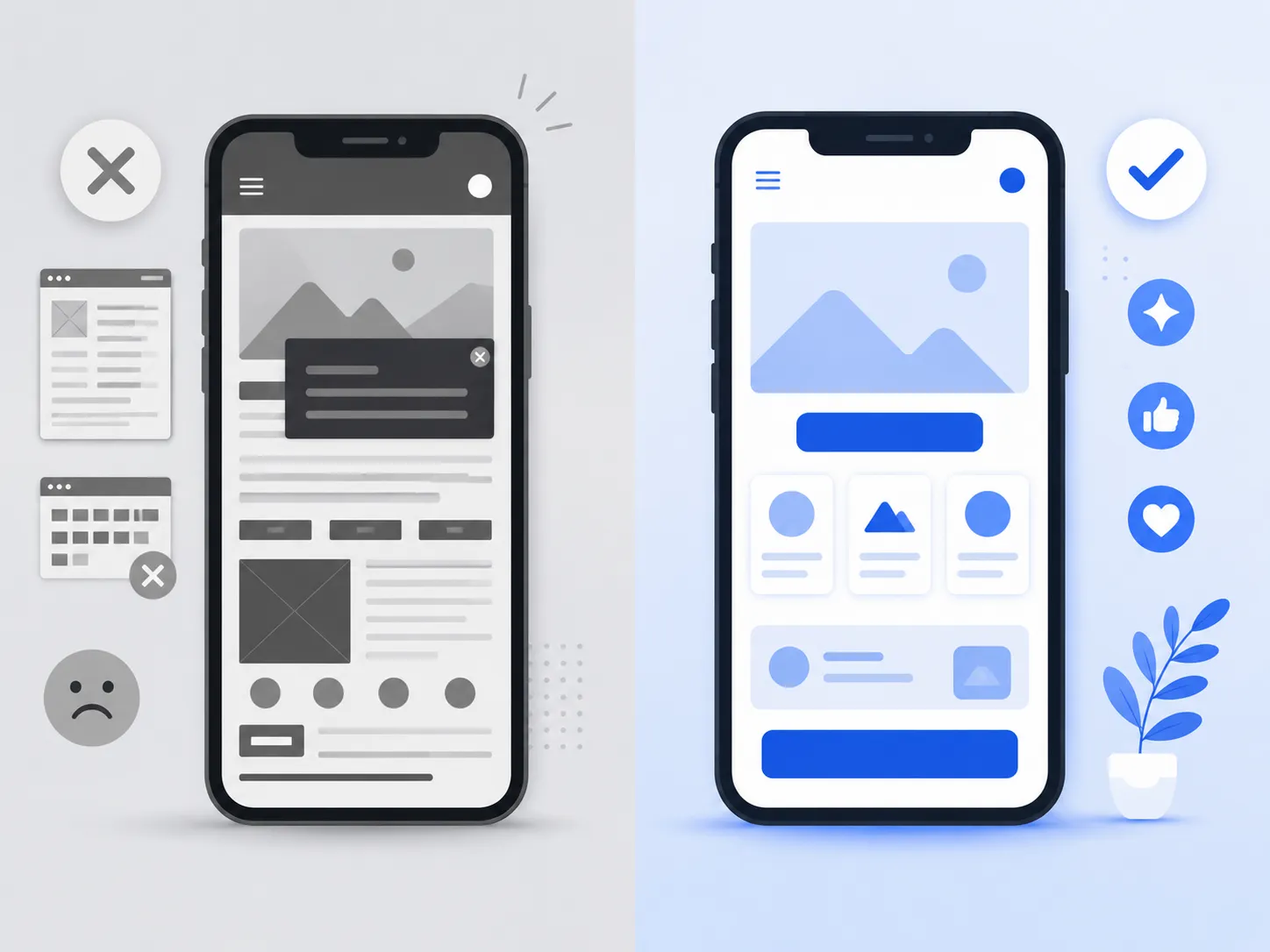 Comparison of a poorly designed mobile website versus a well optimized mobile website layout