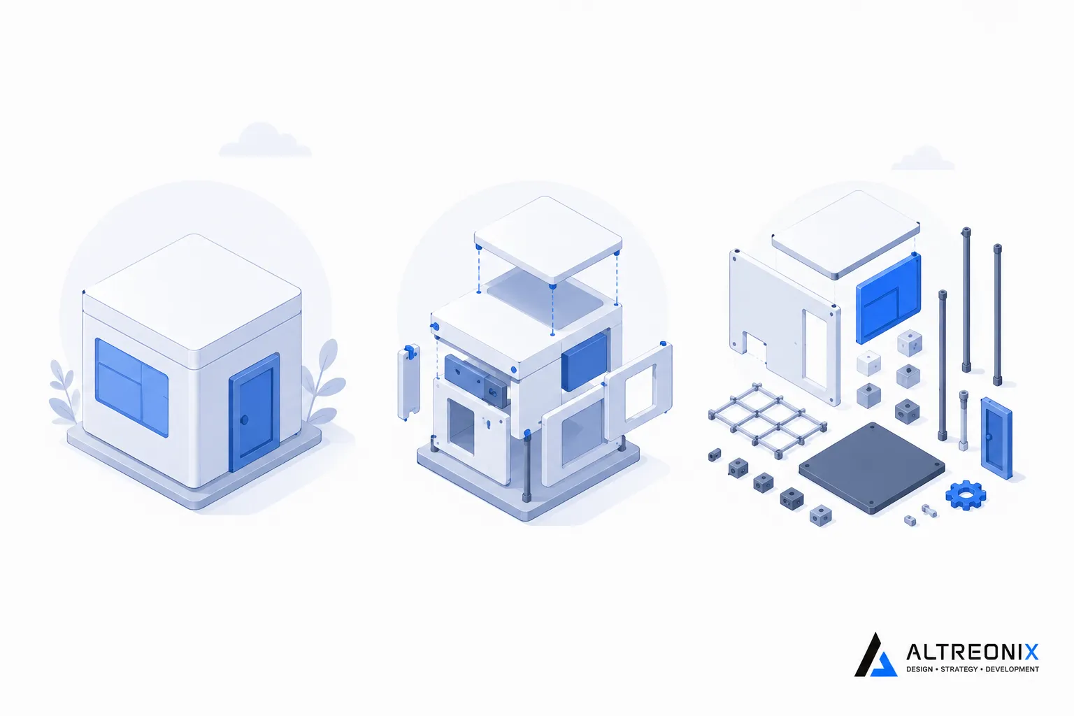 Three distinct abstract building blocks representing no-code, low-code, and custom software approaches