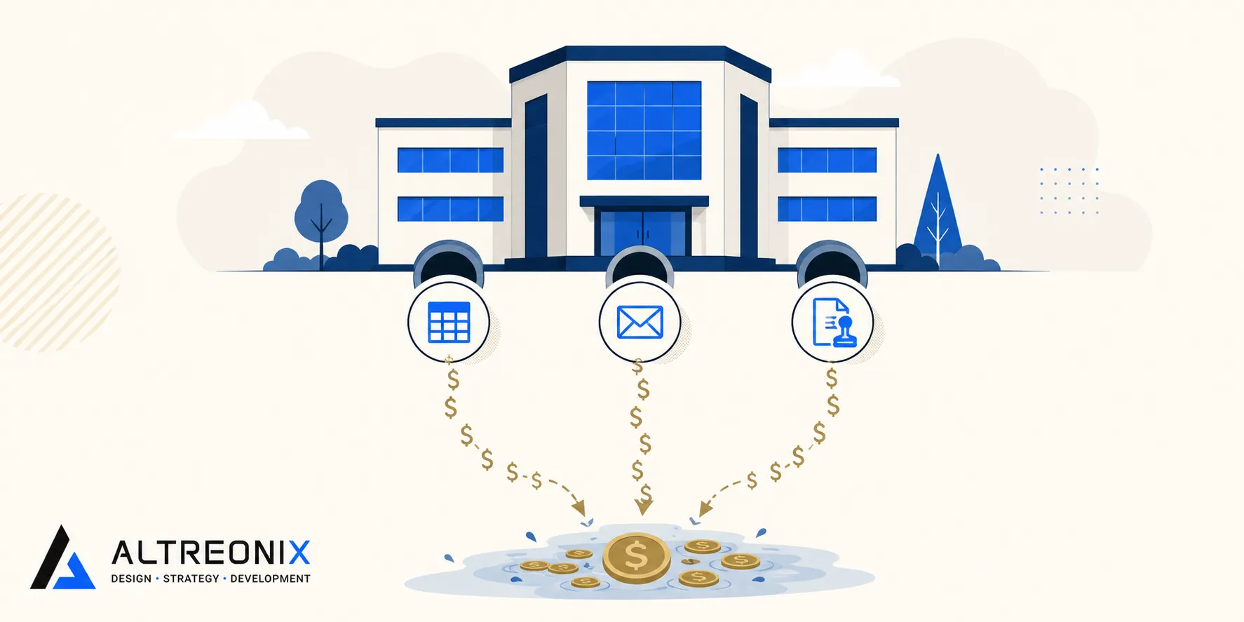 Infographic showing money leaking out of a business through spreadsheets, email threads, and manual approval stamps
